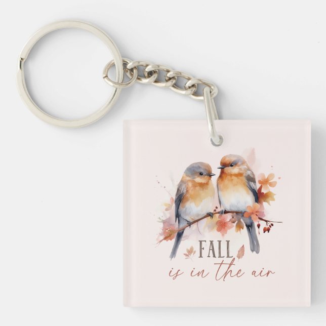 Fall Is In The Air – Cute Birds & Autumn Leaves Key Ring (Front)