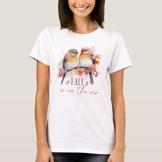 Fall Is In The Air – Cute Birds & Autumn Leaves T-Shirt (Front)