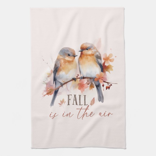 Fall Is In The Air – Cute Birds & Autumn Leaves Tea Towel (Vertical)