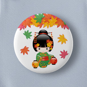 Fall Kokeshi Doll - Green Kimono Geisha Girl 6 Cm Round Badge