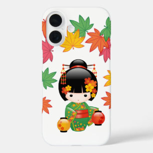 Fall Kokeshi Doll - Green Kimono Geisha Girl iPhone 16 Case