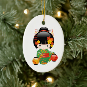 Fall Kokeshi Doll - Green Kimono Geisha Girl Ceramic Ornament