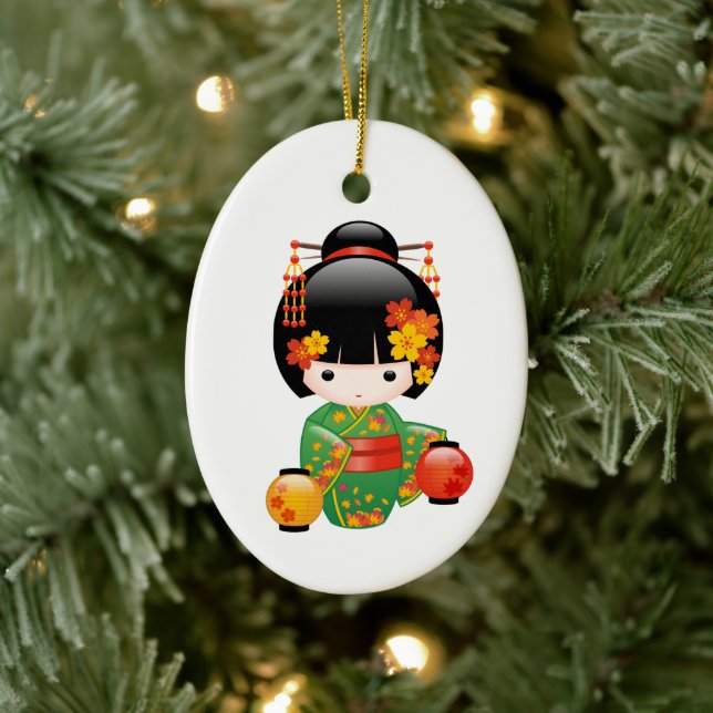 Fall Kokeshi Doll - Green Kimono Geisha Girl Ceramic Ornament (Tree)