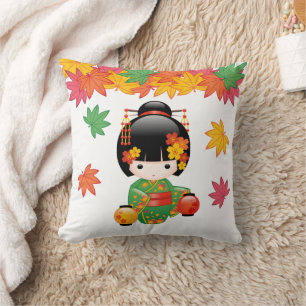 Fall Kokeshi Doll - Green Kimono Geisha Girl Cushion