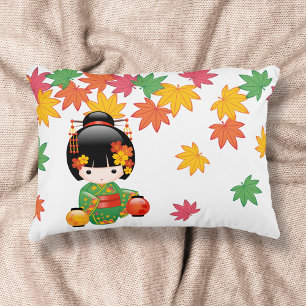 Fall Kokeshi Doll - Green Kimono Geisha Girl Decorative Cushion