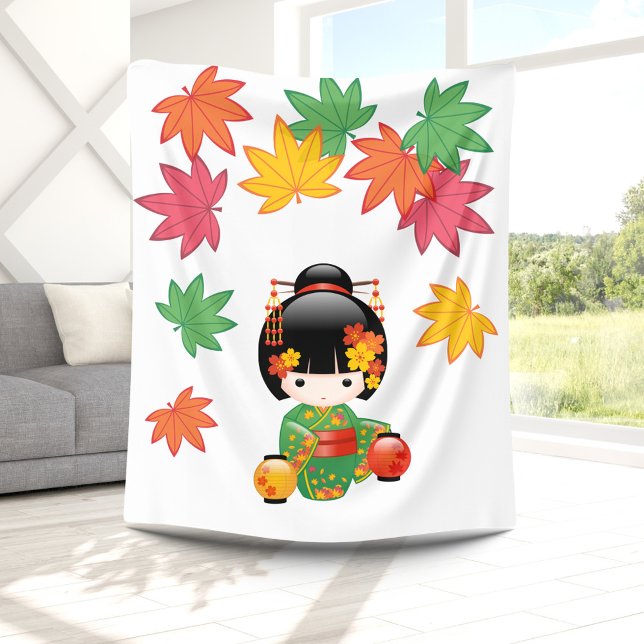 Fall Kokeshi Doll - Green Kimono Geisha Girl Fleece Blanket (Creator Uploaded)