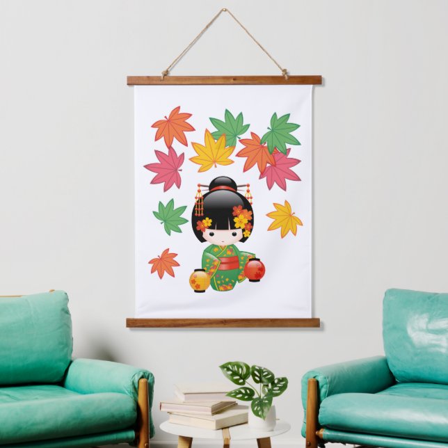 Fall Kokeshi Doll - Green Kimono Geisha Girl Hanging Tapestry (Living Room)