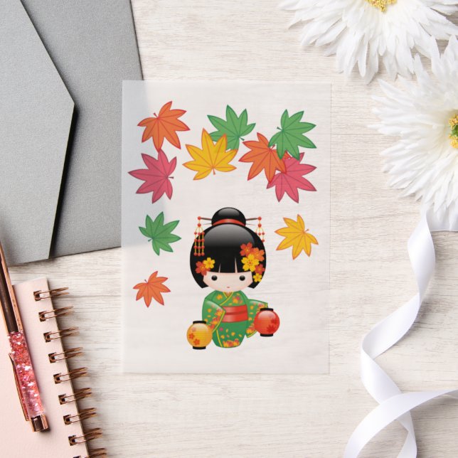 Fall Kokeshi Doll Green Kimono Geisha Girl Insert Vellum Invitations (Wedding)