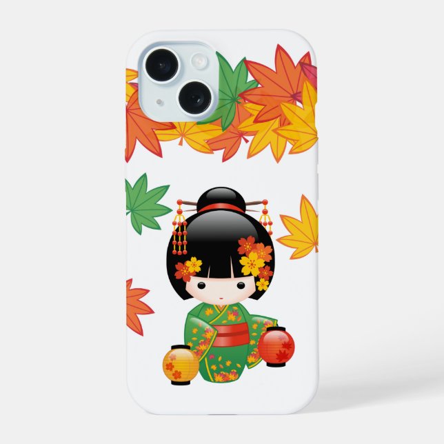 Fall Kokeshi Doll - Green Kimono Geisha Girl iPhone 15 Case (Back)