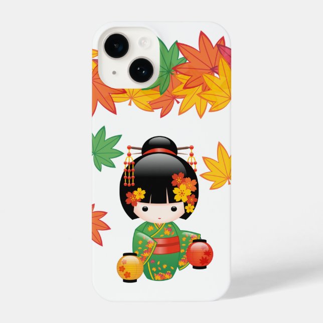 Fall Kokeshi Doll - Green Kimono Geisha Girl iPhone Case (Back)