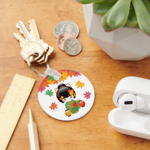 Fall Kokeshi Doll - Green Kimono Geisha Girl Key Ring