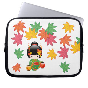 Fall Kokeshi Doll - Green Kimono Geisha Girl Laptop Sleeve