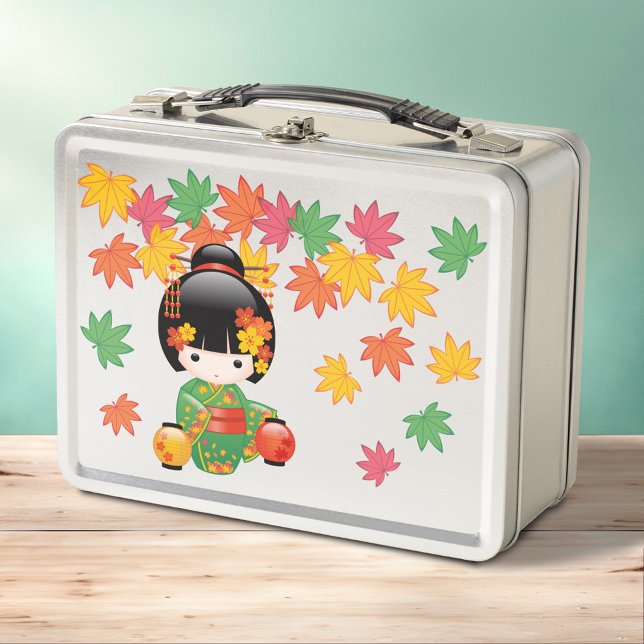 Fall Kokeshi Doll - Green Kimono Geisha Girl Metal Lunch Box (Creator Uploaded)