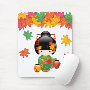 Fall Kokeshi Doll - Green Kimono Geisha Girl Mouse Pad