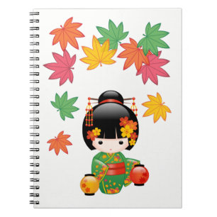 Fall Kokeshi Doll - Green Kimono Geisha Girl Notebook