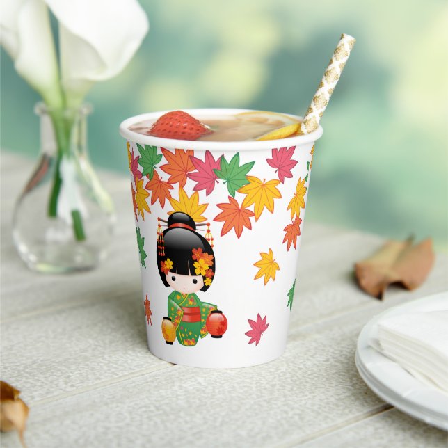 Fall Kokeshi Doll - Green Kimono Geisha Girl Paper Cups (Insitu)