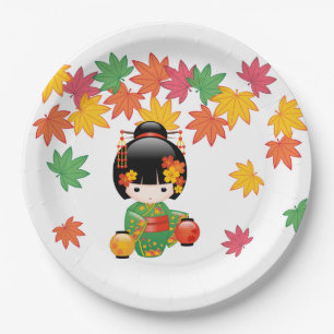 Fall Kokeshi Doll - Green Kimono Geisha Girl Paper Plate