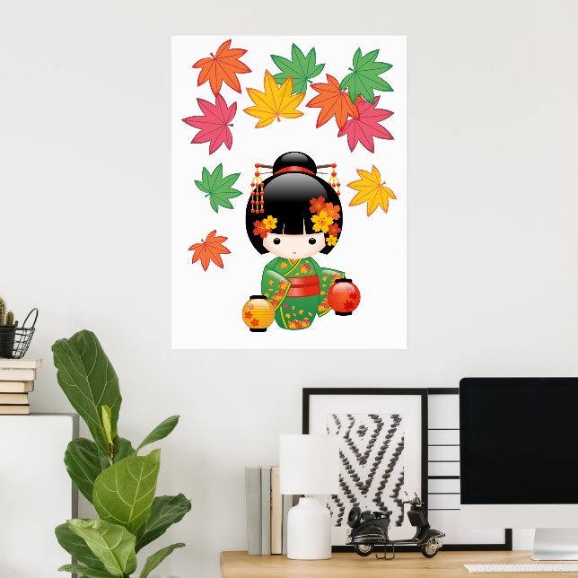 Fall Kokeshi Doll - Green Kimono Geisha Girl Poster (Home Office)