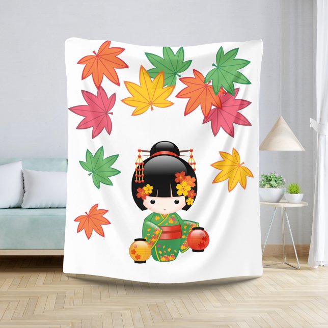 Fall Kokeshi Doll - Green Kimono Geisha Girl Sherpa Blanket (Creator Uploaded)