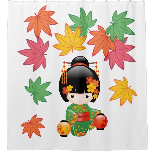 Fall Kokeshi Doll Green Kimono Geisha Girl Shower Curtain (Front)