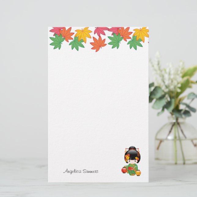 Fall Kokeshi Doll - Green Kimono Geisha Girl Stationery (Standing Front)