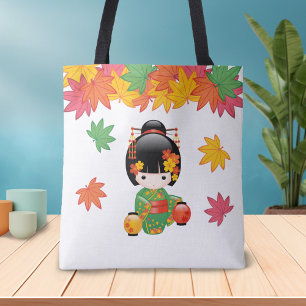 Fall Kokeshi Doll - Green Kimono Geisha Girl Tote Bag