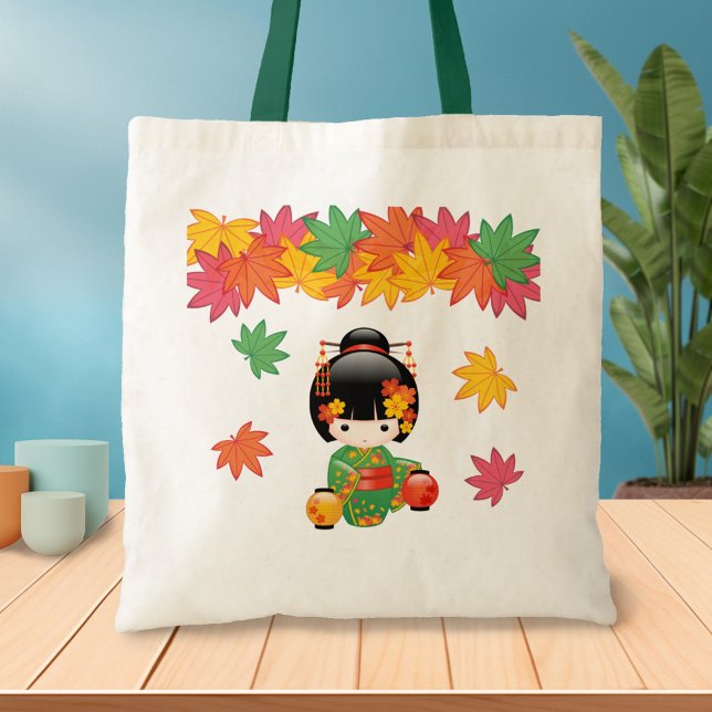 Fall Kokeshi Doll - Green Kimono Geisha Girl Tote Bag (Creator Uploaded)