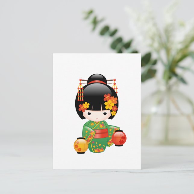 Fall Kokeshi Doll - Japanese Geisha Girl Postcard (Standing Front)