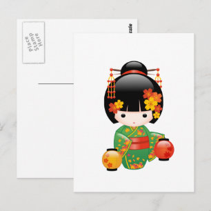 Fall Kokeshi Doll - Japanese Geisha Girl Postcard