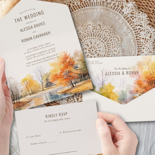 Fall Lake Watercolor Country Wedding All In One Invitation (All in One Invitation with RSVP from the Fall Lake Wedding Collection by Darling & May )