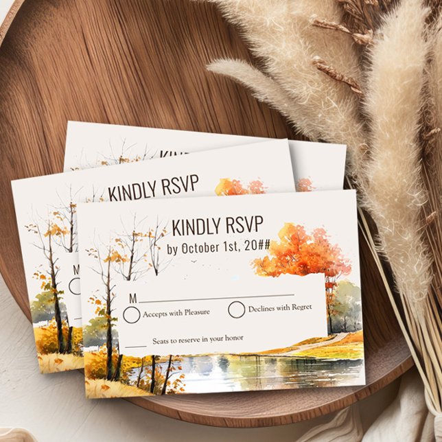 Fall Lake Watercolor Woodsy Landscape RSVP (Wedding RSVP Card from the Fall Lake Wedding Collection by Darling & May )