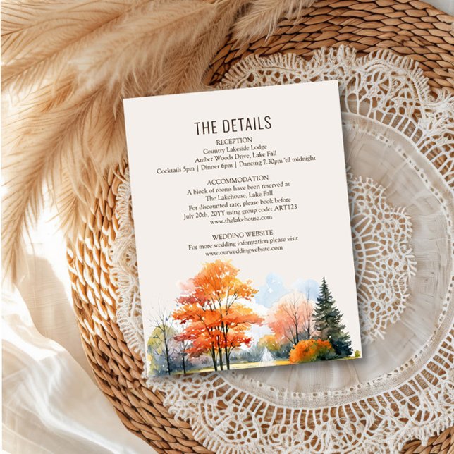 Fall Lake Wedding Details Watercolor Enclosure (Wedding Details Guest Information Insert from the Fall Lake Wedding Collection by Darling & May )
