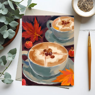 Fall Latte Date Autumn Coffee Leaves Watercolor Postcard