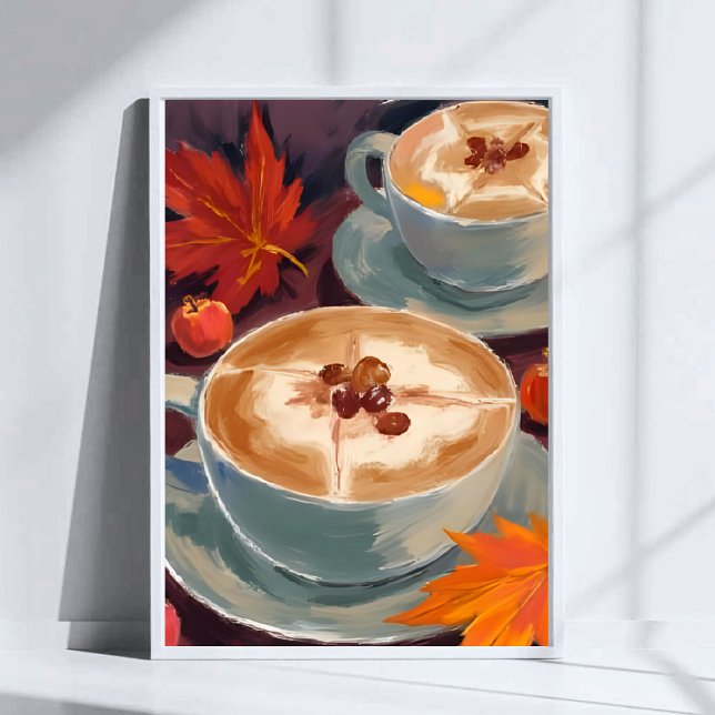 Fall Latte Date | Autumn Coffee Leaves Watercolor Poster (Creator Uploaded)