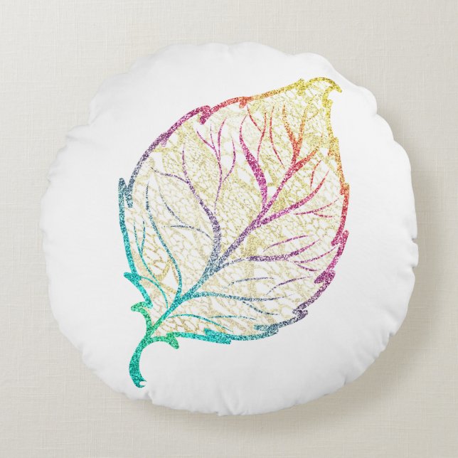 Fall leaf elegant cute pastel pink teal gold  round cushion (Front)