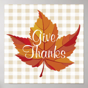 Fall Leaf Give Thanks White Plaid Poster