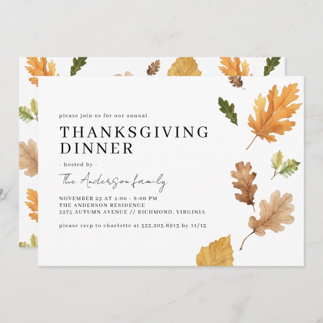 Fall Leaf | Modern Watercolor Thanksgiving Dinner Invitation (Front/Back)
