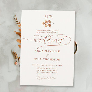 Fall Leaf Monograms Crest Modern Elegant Wedding Invitation