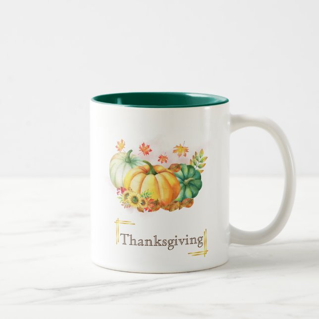 Fall Leaf Watercolor Pumpkins Thanksgiving Two-Tone Coffee Mug (Right)