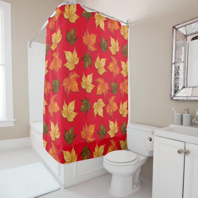 Fall Leafs Pattern On Red Background Shower Curtain (In Situ)