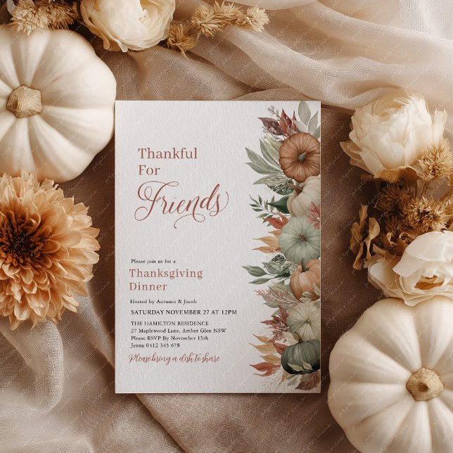Fall Leave Thanksgiving Dinner Rustic Pumpkin  Invitation (Thankful for friends! Pumpkin Thanksgiving Dinner Invitation)