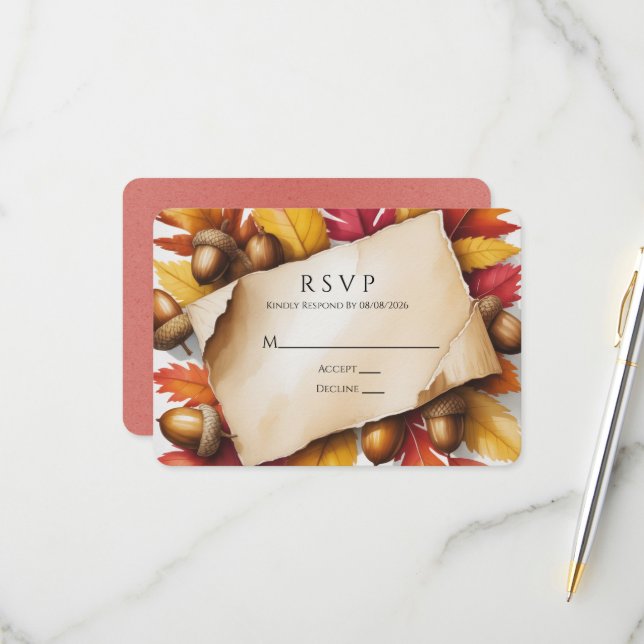 Fall Leaves & Acorns Rustic Wedding RSVP Card (Front/Back In Situ)