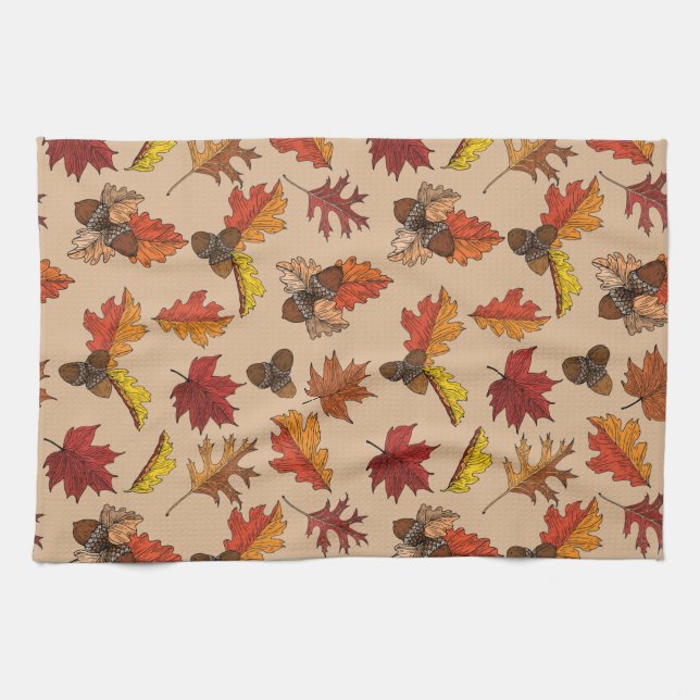 Fall Leaves and Acorn Pattern Tea Towel (Horizontal)