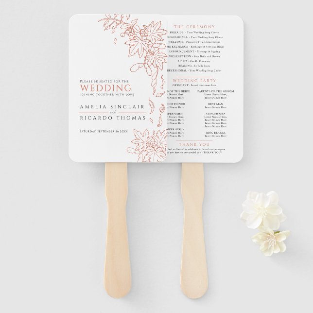 Fall leaves and berries line art wedding program hand fan (Front and Back)