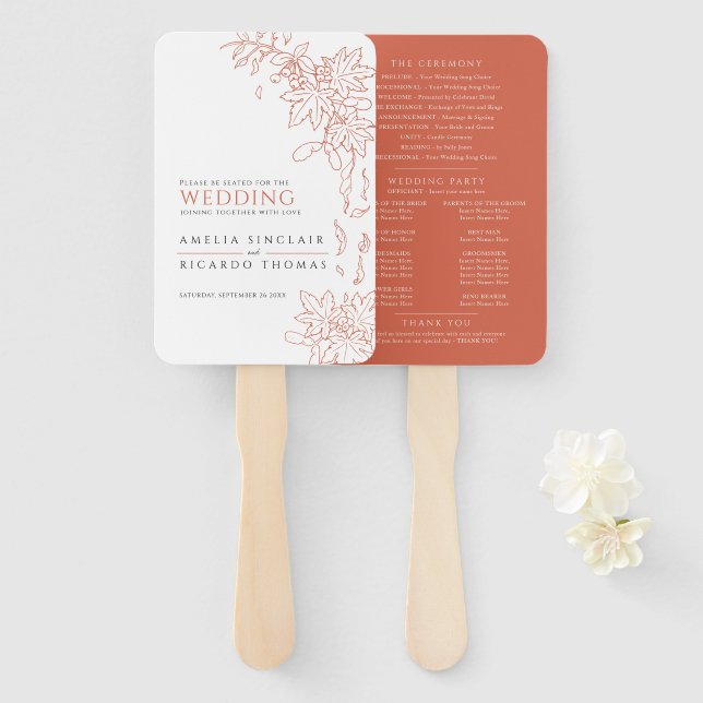 Fall leaves and berries line art wedding program hand fan (Front and Back)