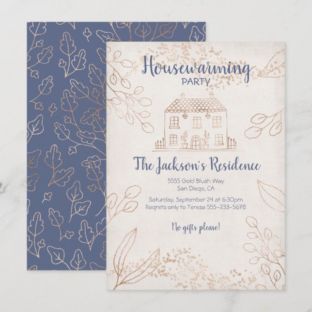 Fall Leaves and Gold Housewarming Party Invitation (Front/Back)