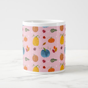 Fall Leaves and Gourds on Pink Background Large Coffee Mug