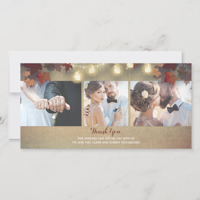 Fall Leaves and Mason Jars Photo Wedding Thank You Card (Front)