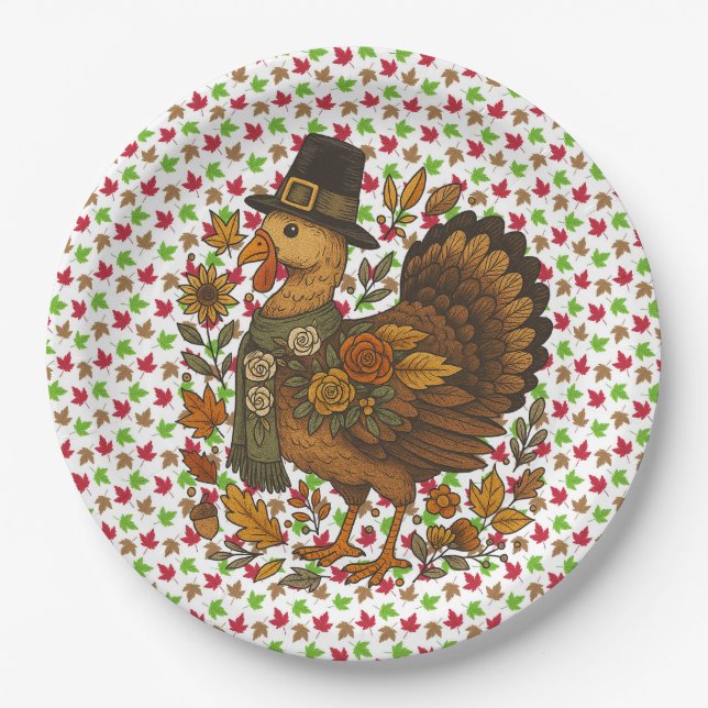 Fall Leaves And Mr. Turkey  Paper Plates (Front)