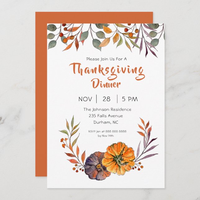 Fall leaves and pumpkin Thanksgiving invitation (Front/Back)